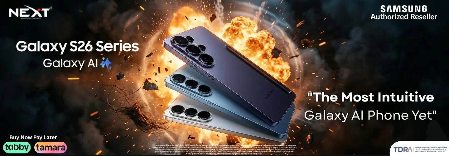 Samsung Galaxy S26 Series banner showing the latest Galaxy AI phones at Nextmobile.ae.